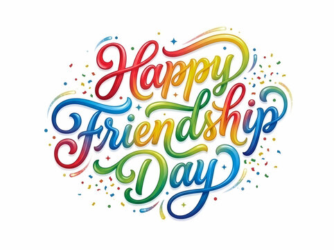 Friendship Day Rainbow Calligraphy Lettering with Confetti Sparkles Background