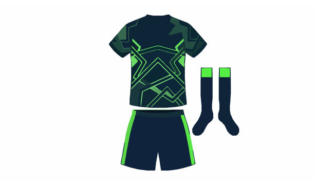 Modern football kit mockup vector template with soccer jersey shorts and socks featuring neon geometric design