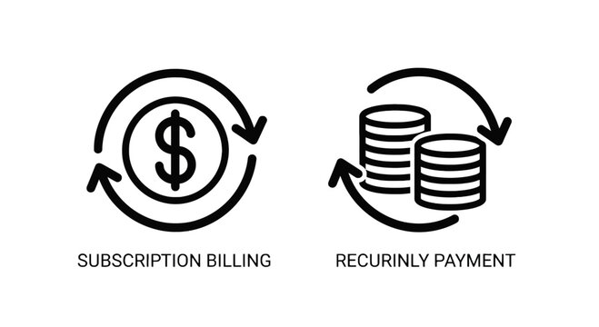 Subscription billing and recurring payment finance icons with subscription recurring currency business transaction automatic monetary commerce