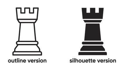 Chess Rook Icons: Two distinct representations of a chess rook, one as a clean outline and the other as a solid silhouette, symbolizing strategy and game dynamics © Alomgir