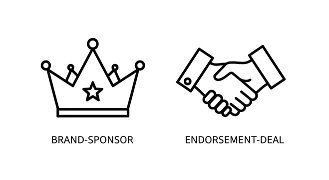 Brand sponsor and endorsement deal line icons with endorsement handshake agreement business partnership marketing corporate cooperation