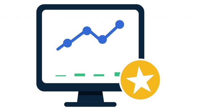 Flat vector animation of desktop screen monitor with rising business growth graph chart and star award badge concept.