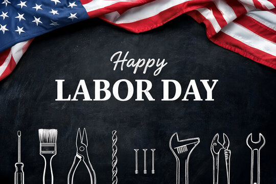 Happy labor day greeting text american flag border tools and texture chalk board background