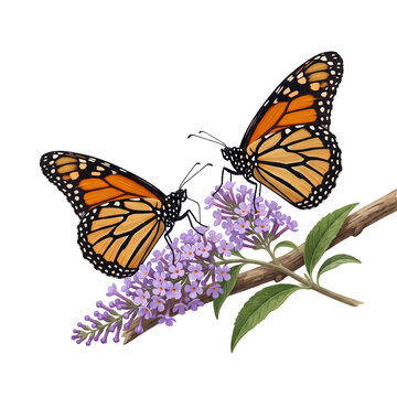 Monarch Butterflies Feeding on Purple Buddleia Flowers Over a Dark Black Background, Closeup Nature Study