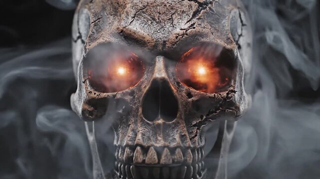 A weathered skull with glowing orange eyes and smoke