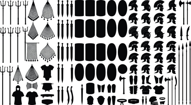 Silhouette collection of ancient Roman gladiator and Spartan warrior weapons, armor, shields, and helmets