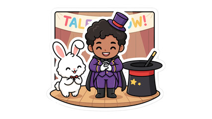 Magician and Rabbit on Stage: A cheerful young magician in a top hat and tuxedo, accompanied by a cute rabbit, stands on a stage, ready to perform at a talent show.