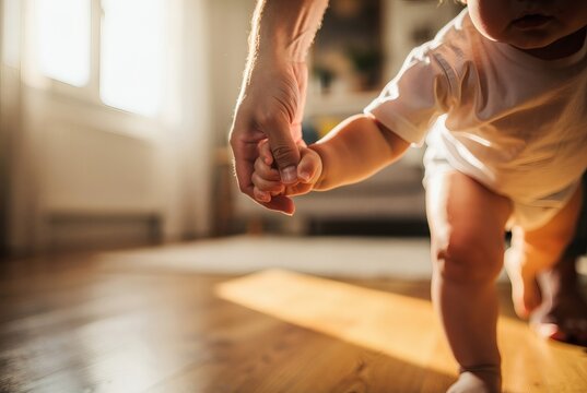 Toddler takes their first steps while holding onto an adult hand in a bright bedroom space.