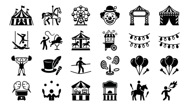 Black and white circus icons set.
