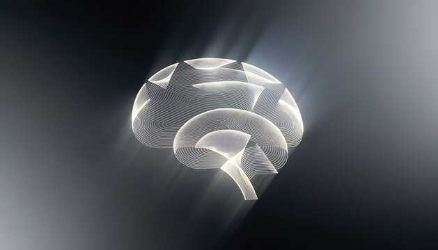 Minimal 3D render of glowing AI brain made of circuit lines, floating on dark gradient background, soft volumetric light, 