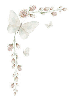 Watercolor butterfly botanical corner. Illustration of floral frame with moth and rose flowers in pastel colors. Botanical Template with branches for wedding stationery and feminine branding projects.