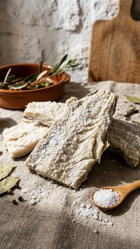 Salt-cured cod fish fillets covered in sea salt on burlap with olives in sunlit kitchen