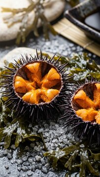 Raw sea urchin uni served in shells on seaweed and salt bed in dark setting