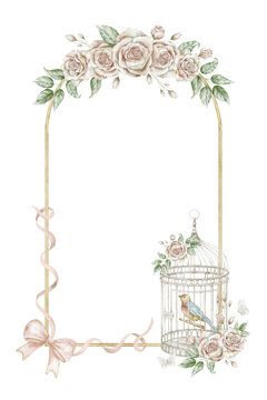 Watercolor floral frame with birdcage and rose flowers. Illustration of romantic border with vintage botanical elements, bird in cage and pink ribbon bows for wedding invitations, stationery and card.
