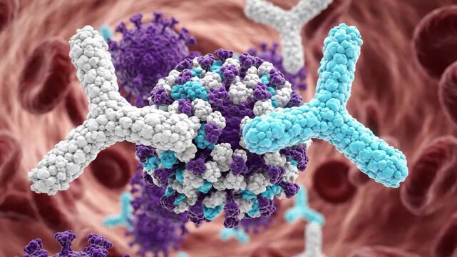 Antibodies Attacking Virus in Bloodstream 3D Render