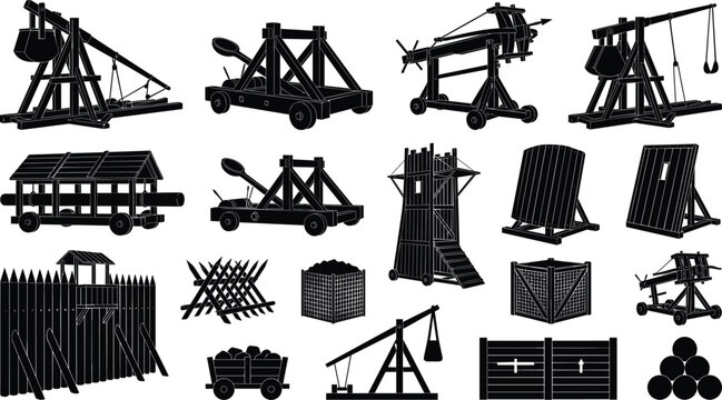 Vector silhouette set of medieval siege weapons and defensive fortifications including catapults, trebuchets, and battering rams
