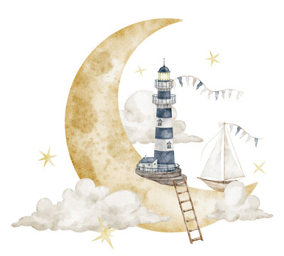 Lighthouse in the crescent moon watercolor illustration. Isolated Beacon with ship, clouds and stars in the sky. Fantasy celestial landmark for nursery poster, childish storybook, baby fantasy arts.
