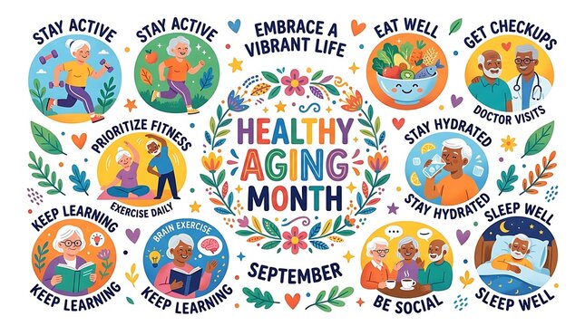Colorful healthy aging month illustration with active seniors and wellness tips