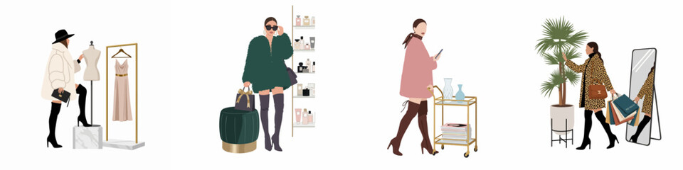 Fototapeta premium Collection of fashionable women in chic outfits shopping for luxury clothes, perfumes, and home decor, featuring elegant vector illustrations.