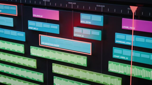 Wide video editing timeline scrolls across multiple color-coded tracks with audio waveforms and titles, showcasing professional postproduction software for filmmakers and marketing teams.