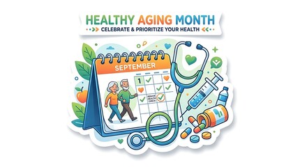 Fototapeta premium Colorful illustration celebrating healthy aging month with medical icons and seniors