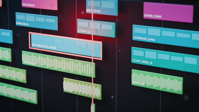Detailed editing timeline with labeled video, audio and title tracks scrolls horizontally, capturing the technical process of content creation for corporate and social media production.