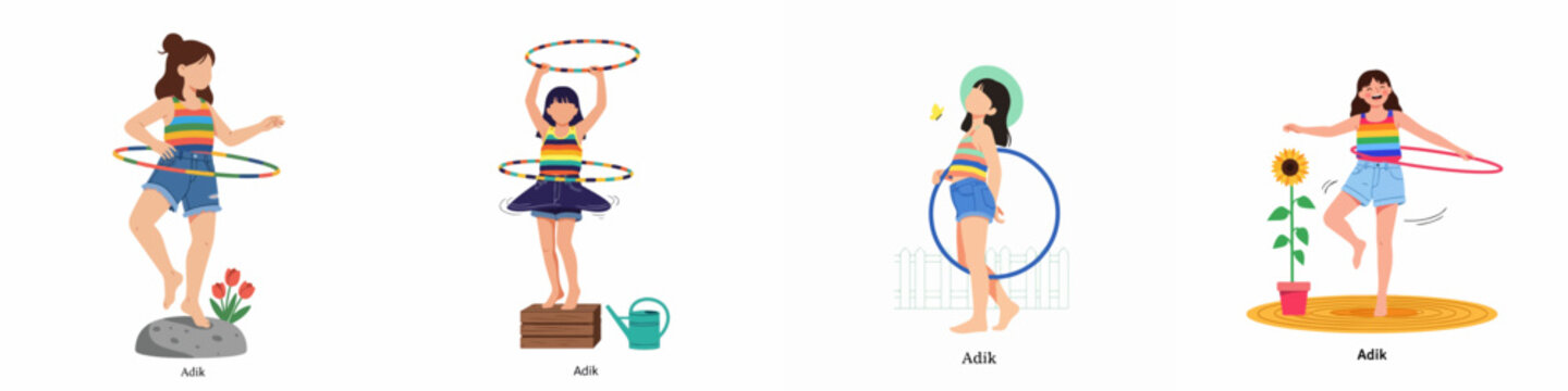 Set of illustrations featuring a young girl having fun playing with hula hoops in various outdoor and indoor settings during summer.
