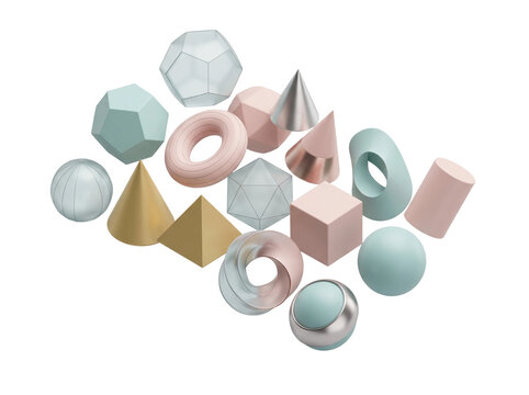 3D geometric shapes collection. Abstract pastel forms and modern architectural elements.