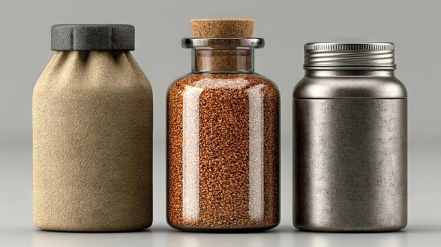 Photorealistic mockup of three blank containers made from paper, glass, and metal arranged in a clean composition with soft lighting and copy space.