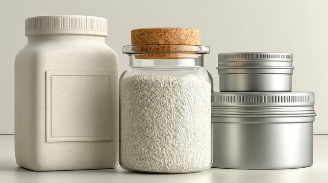 Photorealistic packaging mockup featuring three blank containers made of paper, glass, and metal on a neutral surface with soft lighting and clean composition.