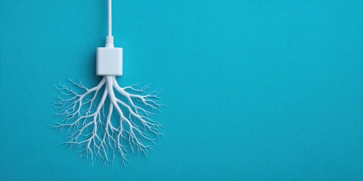 White power cable shaped like tree roots on blue background symbolizing digital detox and disconnecting from technology with copy space