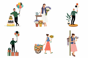 Fototapeta premium Collection of diverse people celebrating with birthday cakes, colorful balloons, gift boxes, and beautiful floral bouquets in flat illustration style.