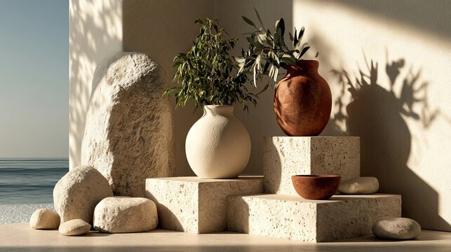 A serene still life featuring ceramic vases and bowls on stone pedestals, bathed in soft sunlight with natural shadows and a coastal backdrop.