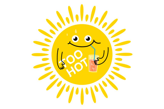 Sun character drinking cold cocktail with Too Hot text. Cute sweating cartoon sun vector illustration in summer heatwave concept, isolated on white background