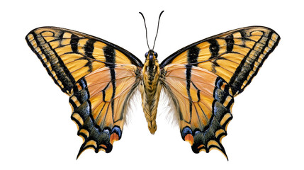 Yellow and black butterfly with blue and orange markings on wings © Eustace