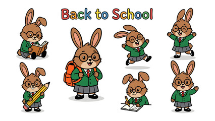 Back to School Bunnies: A collection of adorable cartoon bunnies, dressed in school uniforms and glasses, engage in various back-to-school activities, including reading, writing, carrying a backpack.
