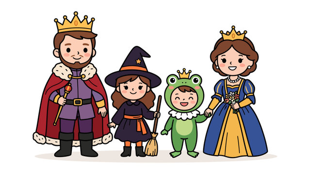 Family's Royal Fantasy: A king, queen, witch, and frog prince pose together, showcasing a blend of regal attire and whimsical costumes for a playful family portrait.