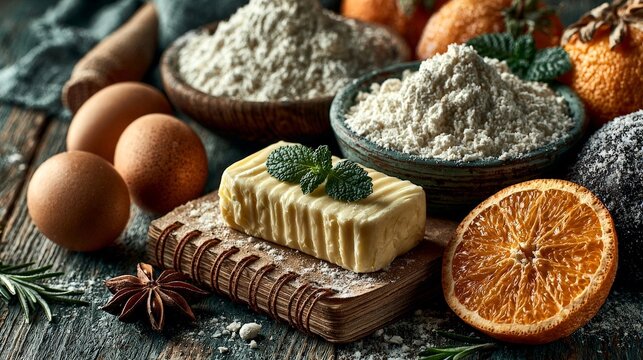A photorealistic still life arrangement of baking ingredients including eggs, flour, butter, citrus, and spices on a rustic wooden surface.