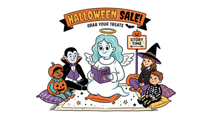 Fototapeta premium Halloween Story Time Sale: A friendly angel reads a story to a group of costumed children, including a vampire, witch, and pumpkin-headed kid, during a Halloween sale event.