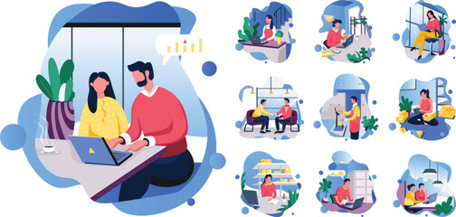 Fototapeta premium Remote Work and Office Collaboration Illustration Set