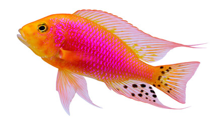 Orange and pink cichlid fish with black spots on tail fin © Eustace