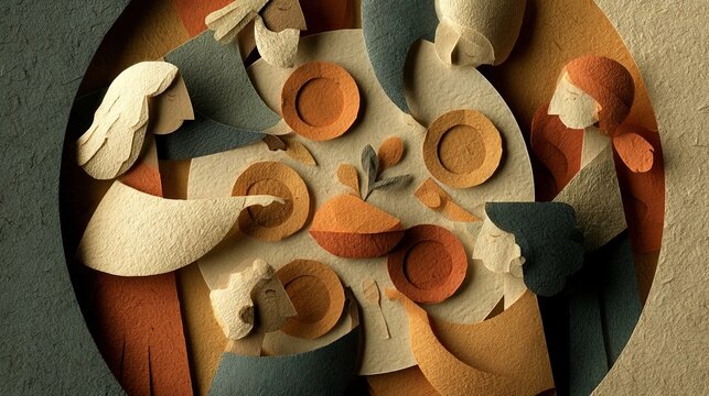 A tactile paper-cut illustration of diverse people sharing a meal around a circular table, conveying warmth and community through layered paper textures and soft lighting.