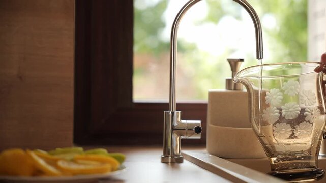 Pouring water into a clear glass pitcher near a window on a sunny day
