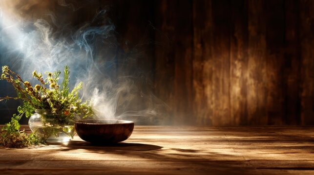 A tranquil scene with smoke rising from a wooden bowl surrounded by fresh greenery illustrates a deep connection to nature and the essence of aromatic experiences.