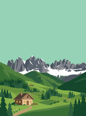 Obraz premium Flat Vector Illustration of a Cozy Cabin in Scenic Mountain Valley Landscape