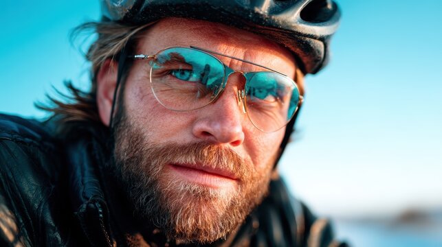 Close-up portrait of a determined cyclist wearing sunglasses and a helmet, with a focused expression against a blue sky, highlighting the spirit of adventure and fitness lifestyle.