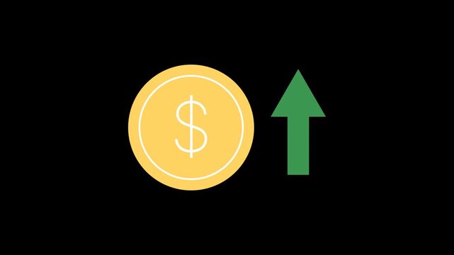 Gold dollar coin with green up arrow. Concept of financial growth, profit, and income increase. 2D animation with 4K resolution and alpha channel.