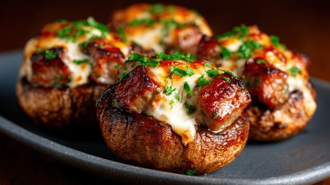 Deliciously stuffed mushrooms are presented on a dark plate, showcasing the tantalizing blend of flavors and textures, perfect for gourmet culinary experiences or gatherings.