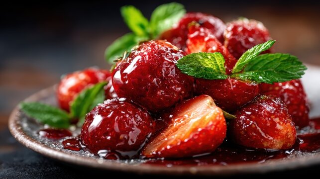 An enticing close-up of fresh strawberries glistening with a rich syrup and topped with mint leaves, capturing the sweetness and allure of summer desserts at their best.