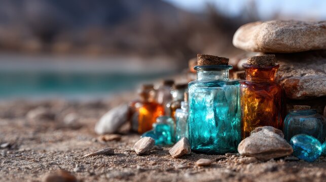 An artistic arrangement of colorful glass bottles nestled among rocks beside a tranquil body of water, creating a visually striking contrast with nature's calming hues.